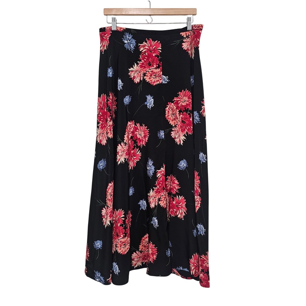 Vintage 100% Silk Maxi Skirt 14 Black Dark Floral Print Boho Cottagecore Flowy